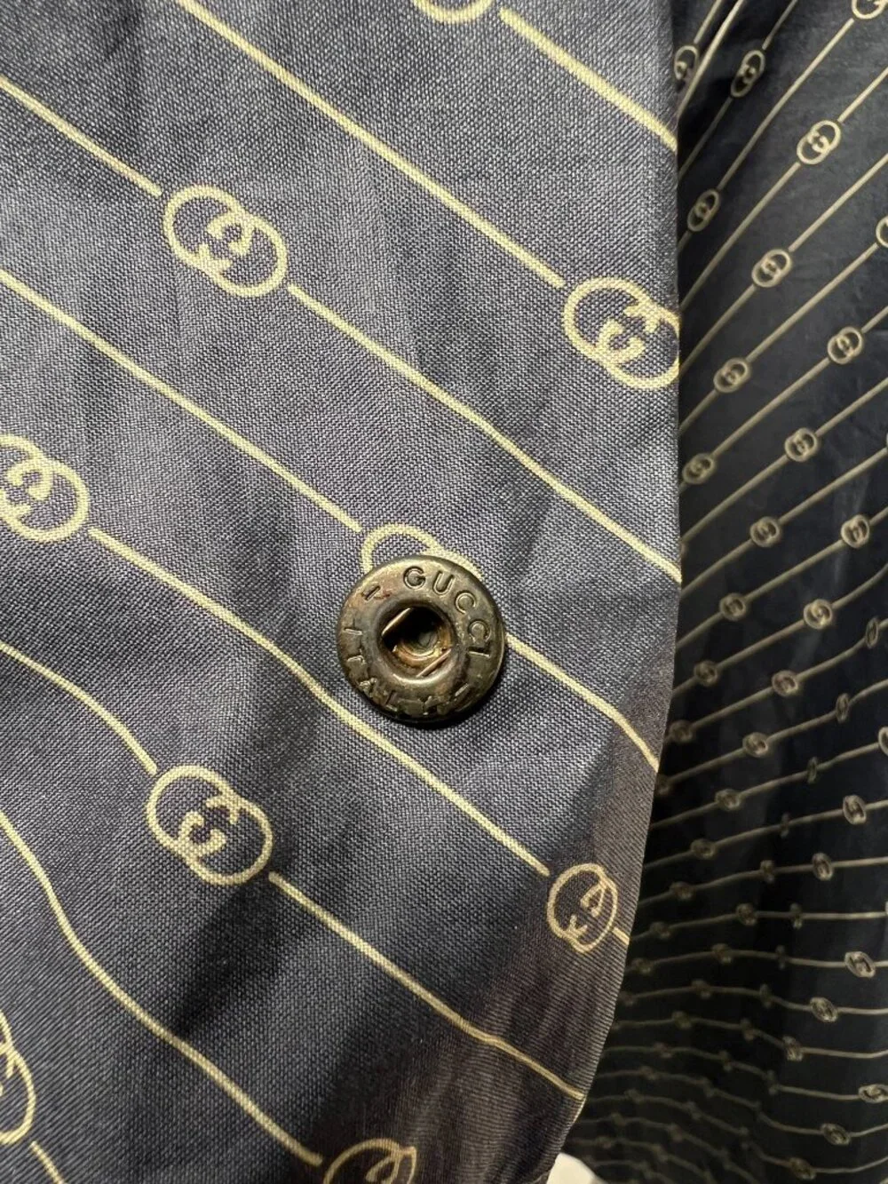 RARE Vintage GUCCI Monogram Packable Travel Coat - Blue Grey Logo Print 80s M